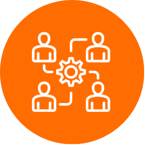 White iconography of people in a circle, with a gear symbol displayed in the centre, representing a diverse and inclusive workplace that all works together.