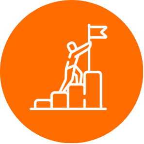 An outline of a person climbing up stairs to reach a high flag, to symbolise reaching the quality personal objectives set within their role.